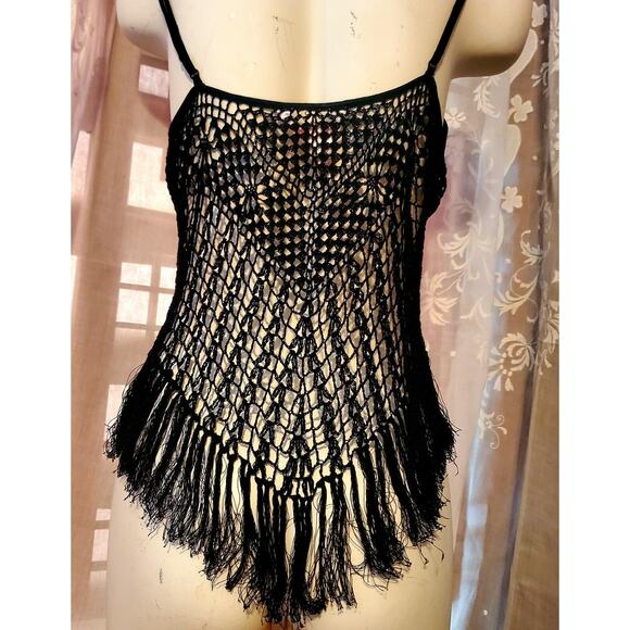 Victorias Secret Crochet Knit Black Fringe Cami Tank Top NWT Biker LGE.Boho New - Picture 6 of 12